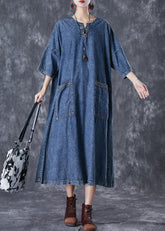Modern Blue Oversized Pockets Chinese Button Denim Dresses